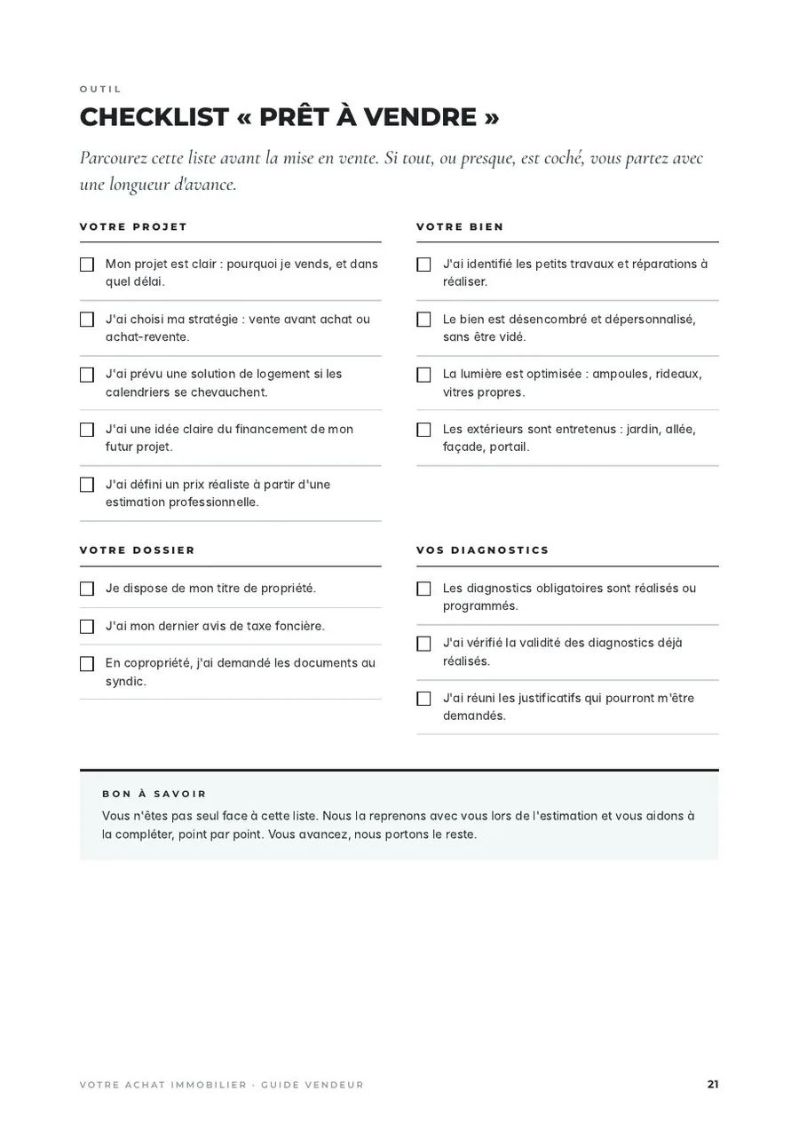 Aperçu : La checklist « Prêt à vendre »